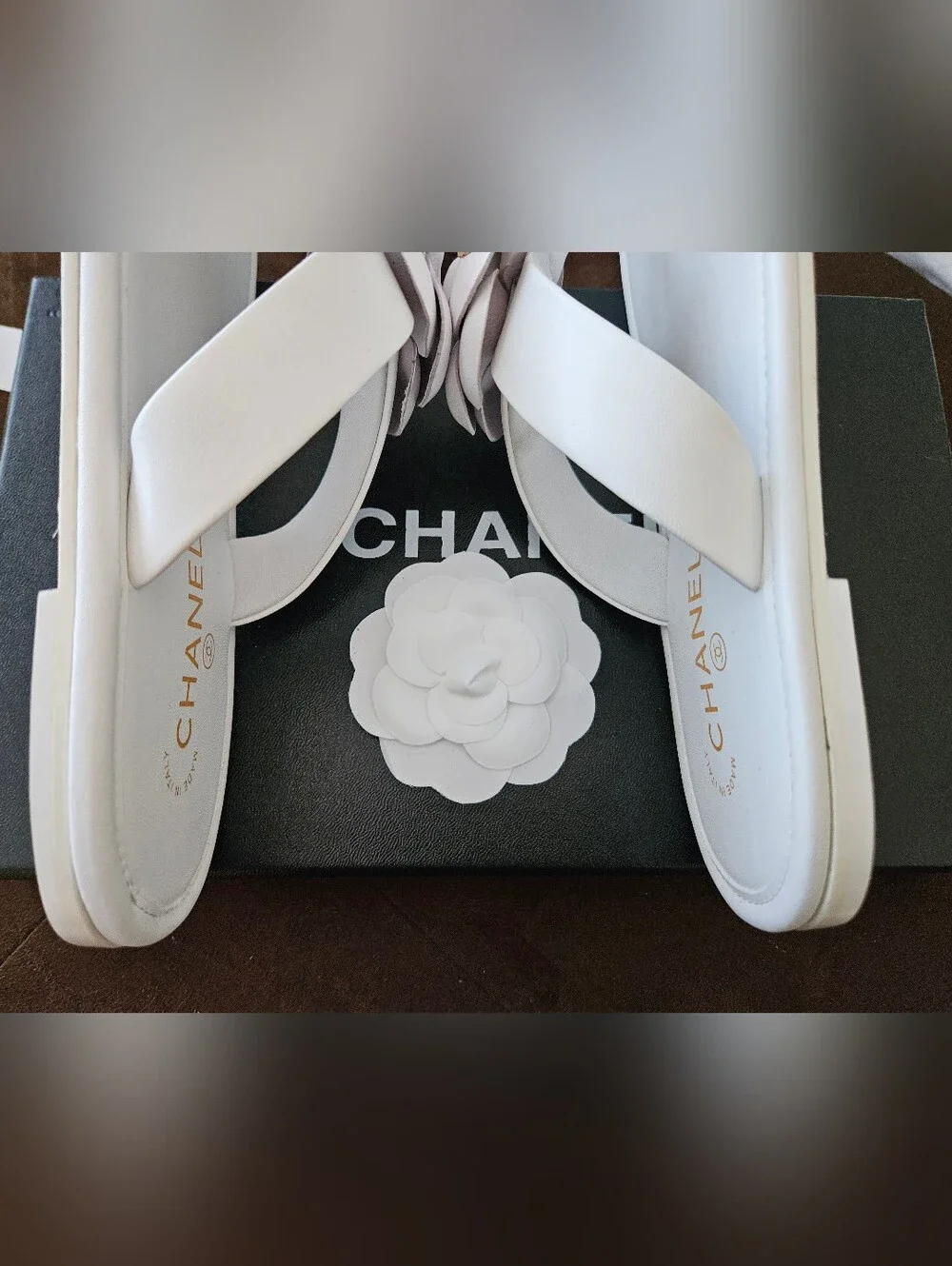 CHANEL White Camellia Leather Slide Sandals with Gold Eyelets